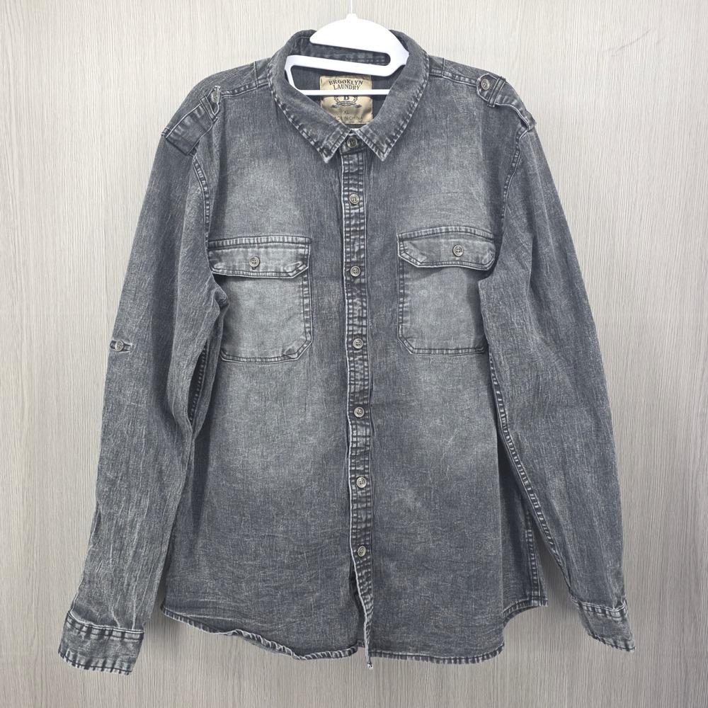 Brooklyn Laundry Button Down Black Acid Wash Utility Pocket Shirt Mens XL
